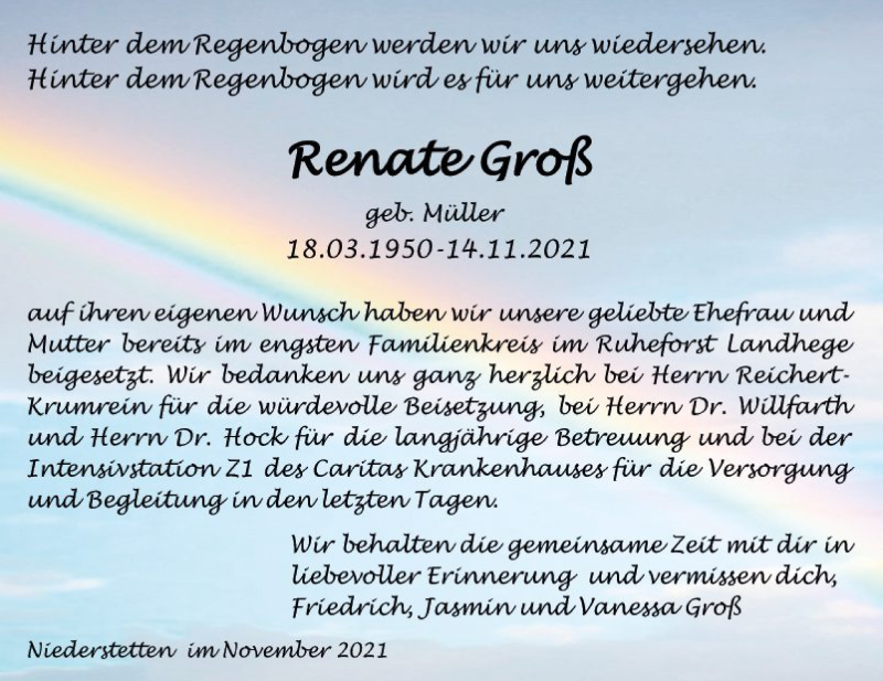  Traueranzeige für Renate Groß vom 27.11.2021 aus Fränkische Nachrichten