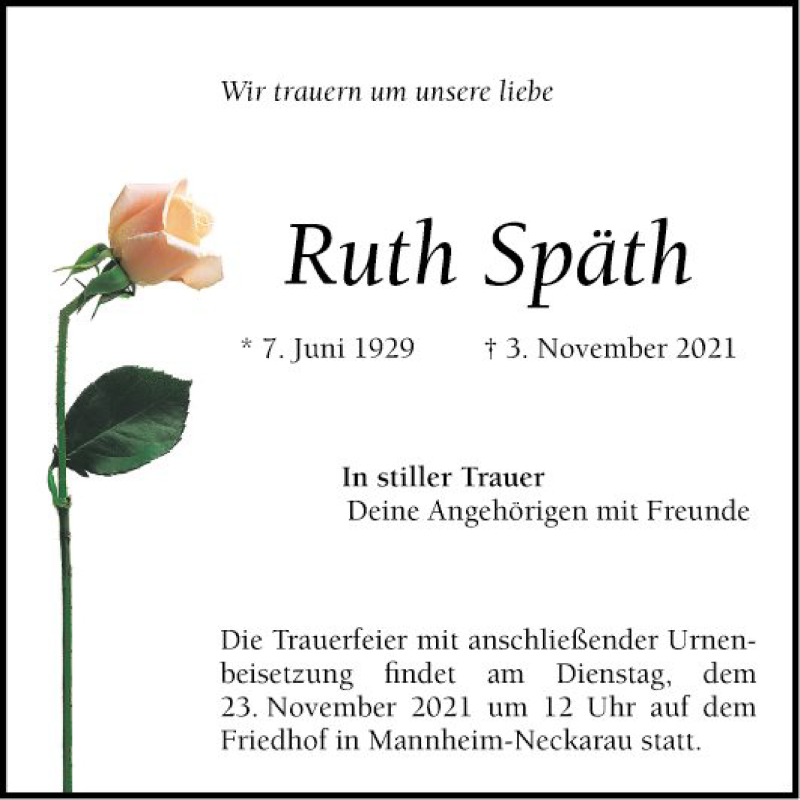  Traueranzeige für Ruth Späth vom 13.11.2021 aus Mannheimer Morgen