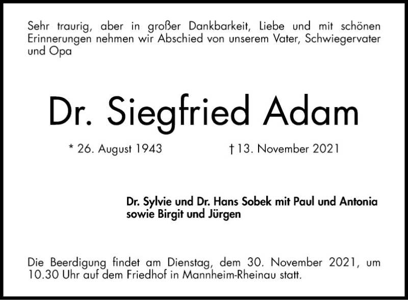 Traueranzeige für Siegfried Adam vom 20.11.2021 aus Mannheimer Morgen