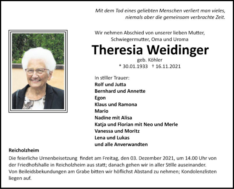  Traueranzeige für Theresia Weidinger vom 27.11.2021 aus Fränkische Nachrichten