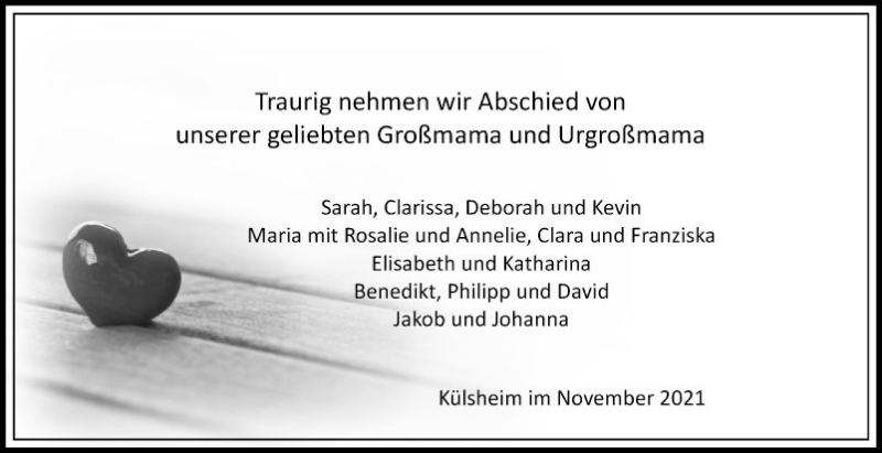  Traueranzeige für Unsere  geliebte Großmama und Urgroßmama vom 16.11.2021 aus Fränkische Nachrichten