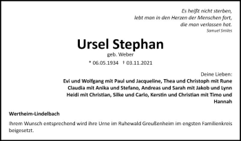 Traueranzeige von Ursel Stephan von Fränkische Nachrichten