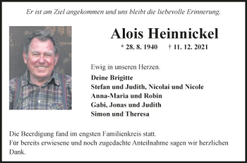 Traueranzeige von Alois Heinnickel von Fränkische Nachrichten