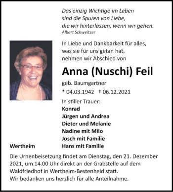 Traueranzeige von Anna  Feil von Fränkische Nachrichten