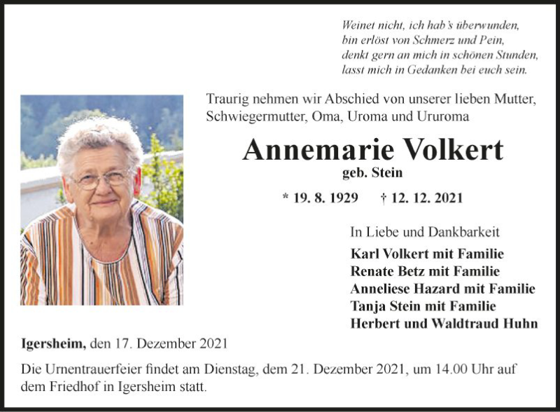  Traueranzeige für Annemarie Volkert vom 17.12.2021 aus Fränkische Nachrichten