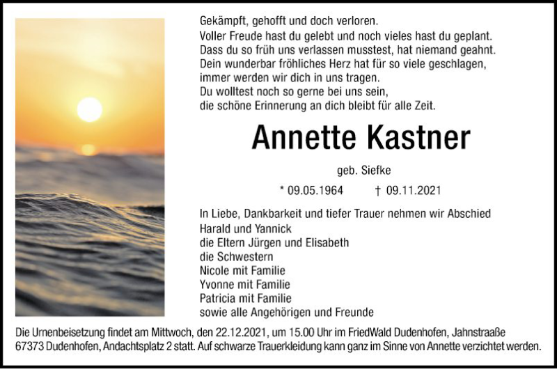  Traueranzeige für Annette Kastner vom 11.12.2021 aus Mannheimer Morgen