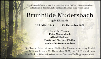 Traueranzeige von Brunhilde Mudersbach von Bergsträßer Anzeiger