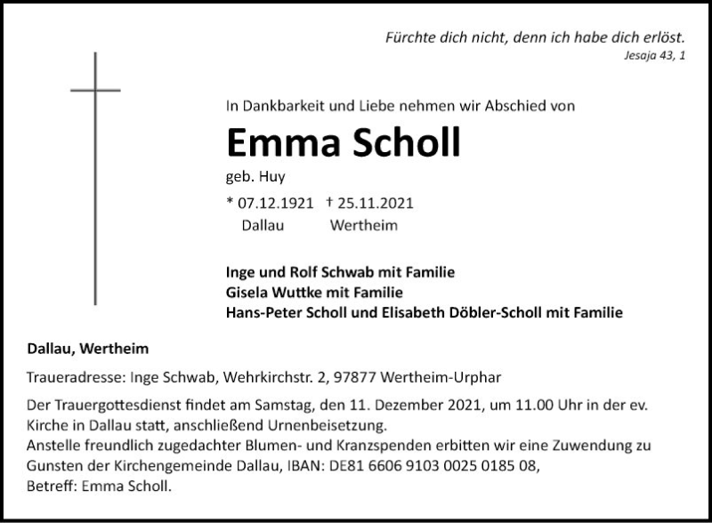  Traueranzeige für Emma Scholl vom 04.12.2021 aus Fränkische Nachrichten