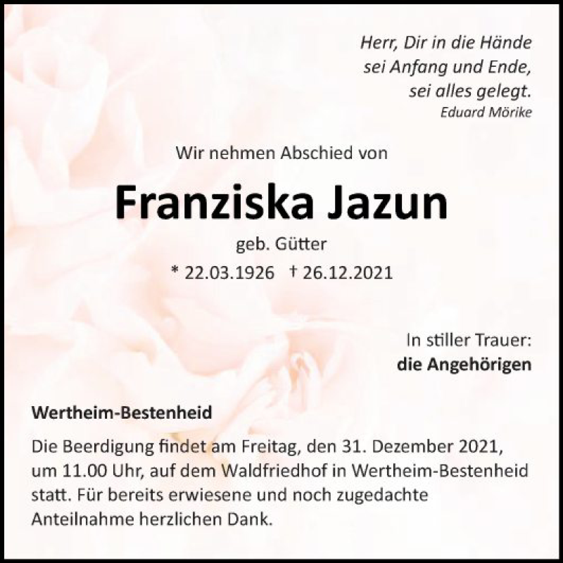  Traueranzeige für Franziska Jazun vom 29.12.2021 aus Fränkische Nachrichten