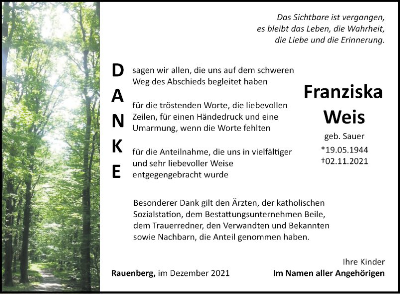  Traueranzeige für Franziska Weis vom 11.12.2021 aus Fränkische Nachrichten