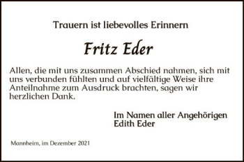 Traueranzeige von Fritz Eder von Mannheimer Morgen