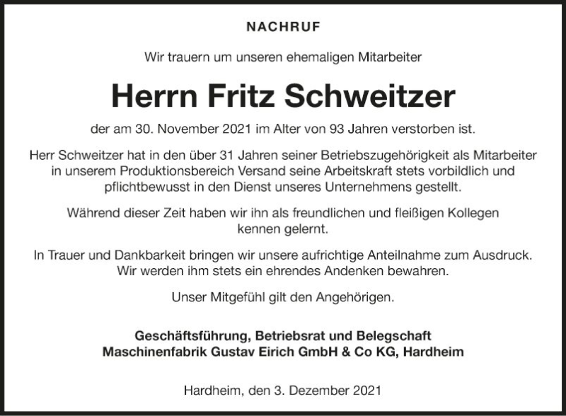  Traueranzeige für Fritz Schweitzer vom 03.12.2021 aus Fränkische Nachrichten