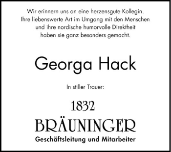 Traueranzeige von Georga Hack von Schwetzinger Zeitung