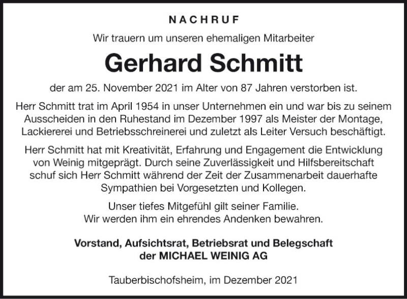 Traueranzeige für Gerhard Schmitt vom 02.12.2021 aus Fränkische Nachrichten