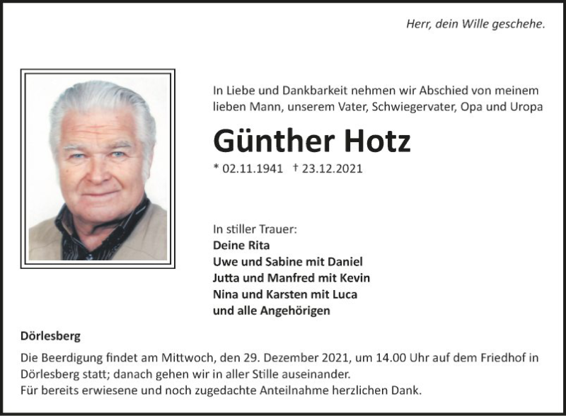  Traueranzeige für Günther Hotz vom 28.12.2021 aus Fränkische Nachrichten