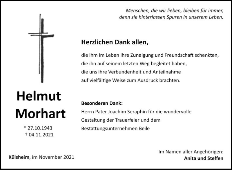  Traueranzeige für Helmut Morhart vom 04.12.2021 aus Fränkische Nachrichten