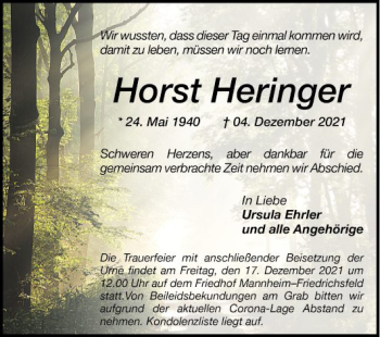 Traueranzeige von Horst Heringer von Mannheimer Morgen