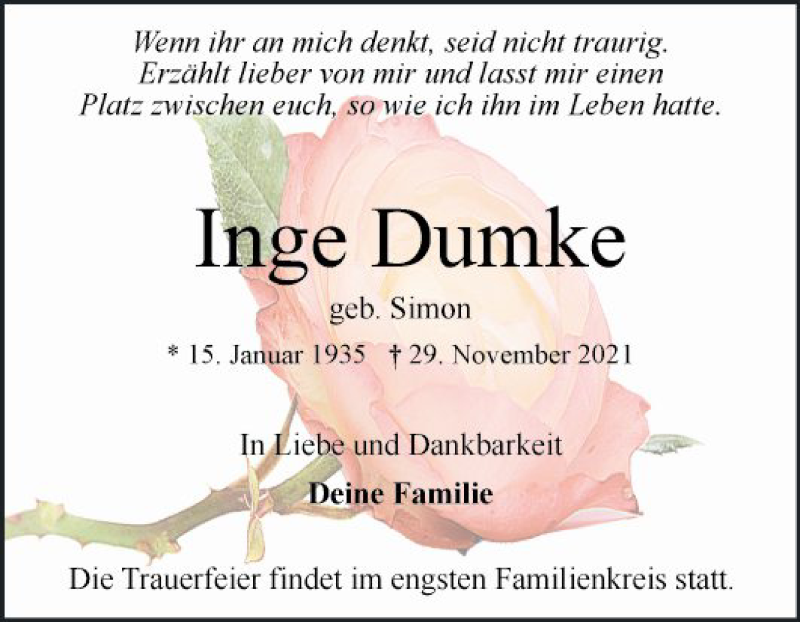  Traueranzeige für Inge Dumke vom 04.12.2021 aus Mannheimer Morgen