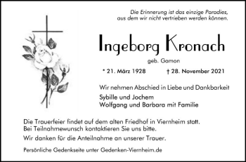 Traueranzeige von Ingeborg Kronach von Südhessen Morgen