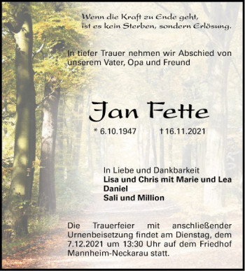 Traueranzeige von Jan Fette von Mannheimer Morgen