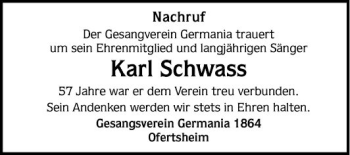 Traueranzeige von Karl Schwass von Schwetzinger Zeitung