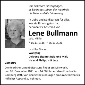 Traueranzeige von Lene Bullmann von Fränkische Nachrichten