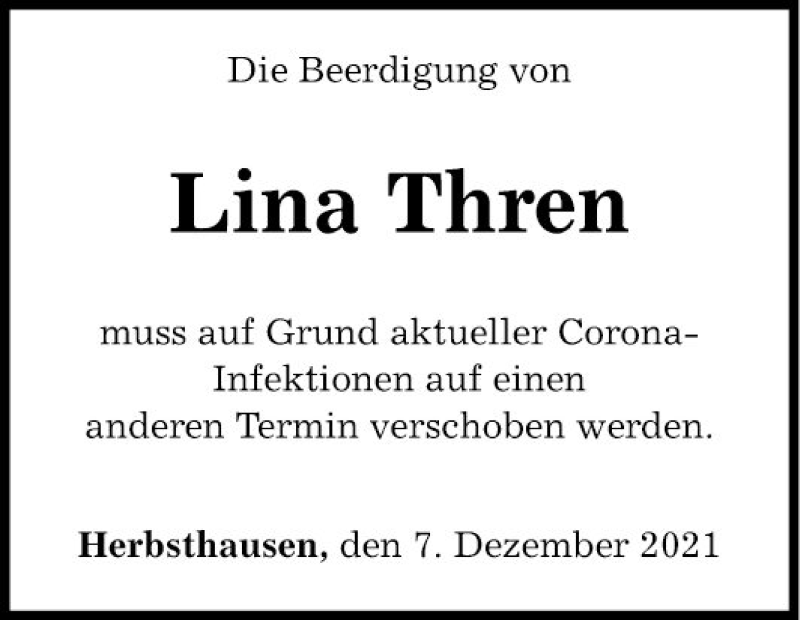  Traueranzeige für Lina Thren vom 07.12.2021 aus Fränkische Nachrichten