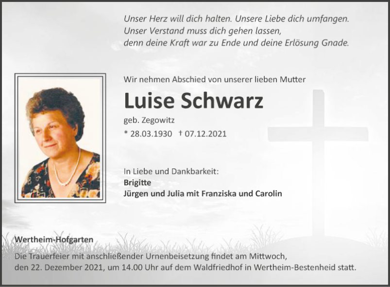  Traueranzeige für Luise Schwarz vom 18.12.2021 aus Fränkische Nachrichten