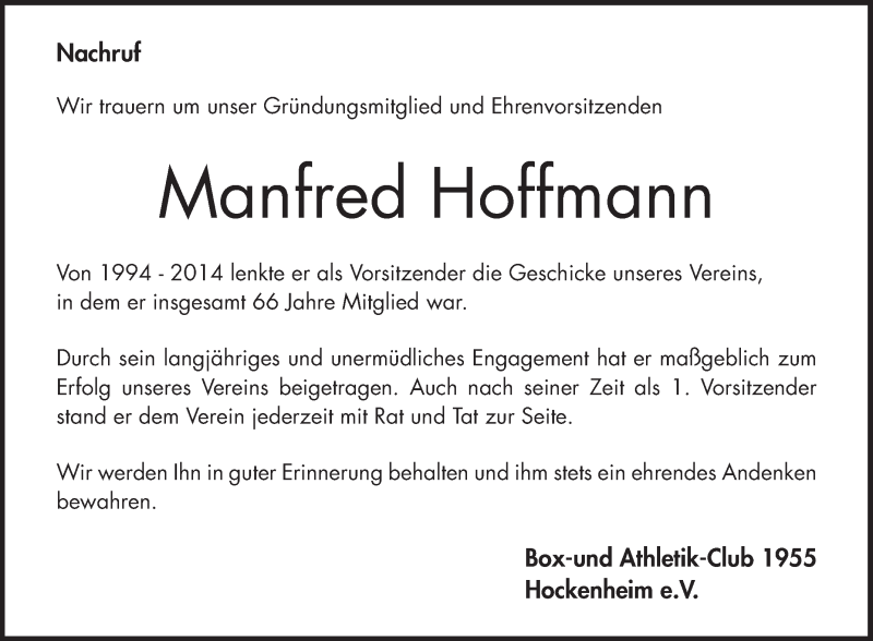  Traueranzeige für Manfred Hoffmann vom 08.12.2021 aus Schwetzinger Zeitung