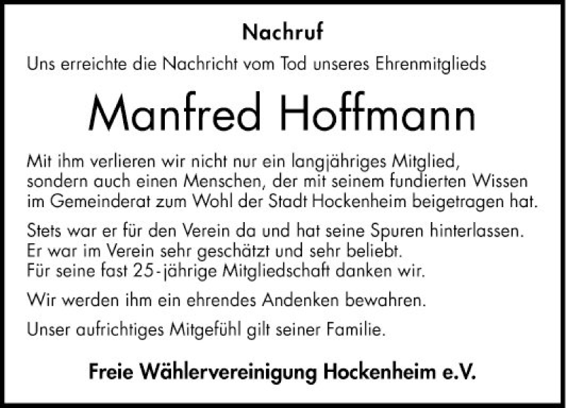  Traueranzeige für Manfred Hoffmann vom 09.12.2021 aus Schwetzinger Zeitung