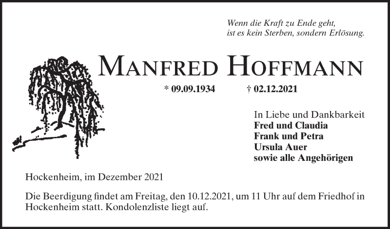  Traueranzeige für Manfred Hoffmann vom 08.12.2021 aus Schwetzinger Zeitung