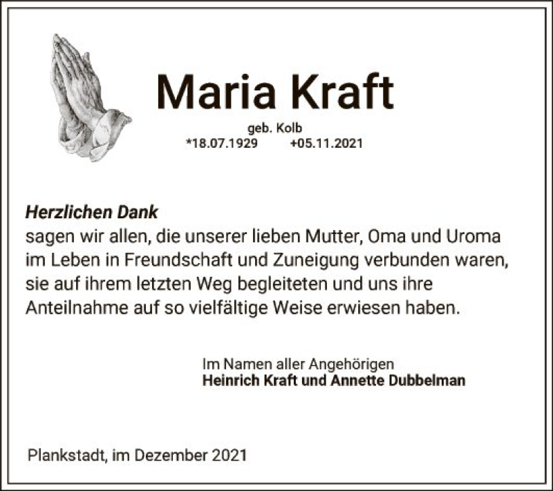  Traueranzeige für Maria Kraft vom 16.12.2021 aus Schwetzinger Zeitung