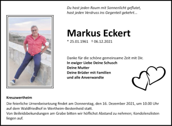 Traueranzeige von Markus Eckert von Fränkische Nachrichten