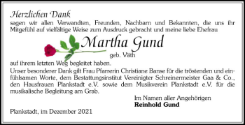 Traueranzeige von Martha Gund von Schwetzinger Zeitung