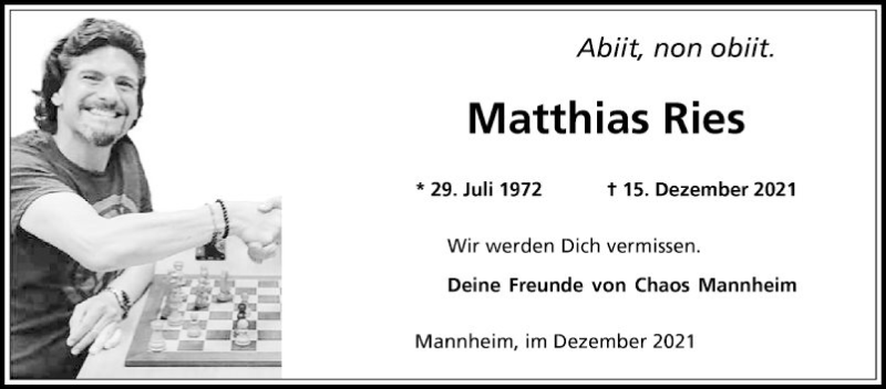  Traueranzeige für Matthias Ries vom 24.12.2021 aus Mannheimer Morgen