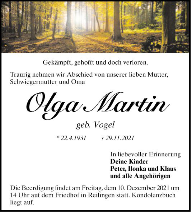  Traueranzeige für Olga Martin vom 04.12.2021 aus Schwetzinger Zeitung