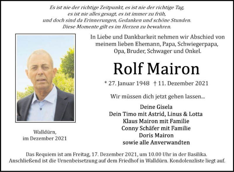 Traueranzeige für Rolf Mairon vom 15.12.2021 aus Fränkische Nachrichten