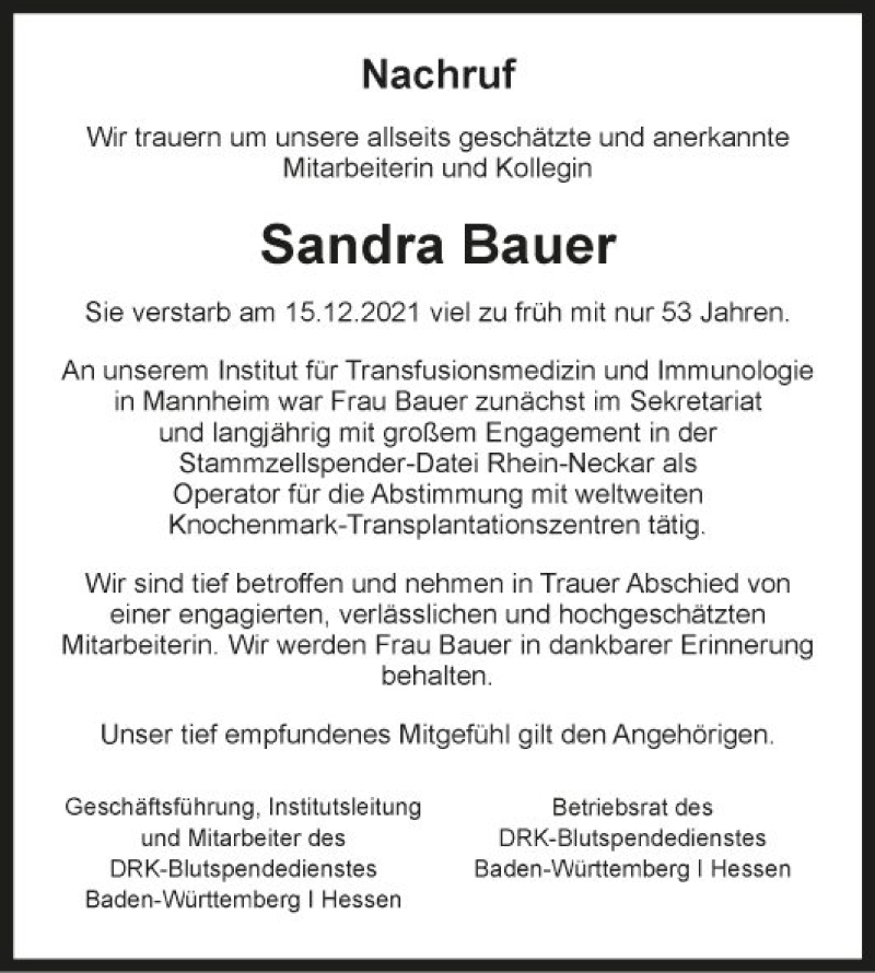  Traueranzeige für Sandra Bauer vom 24.12.2021 aus Mannheimer Morgen