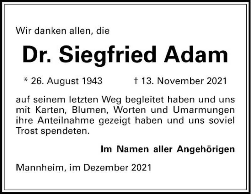  Traueranzeige für Siegfried Adam vom 11.12.2021 aus Mannheimer Morgen