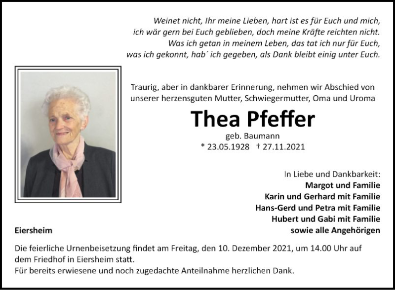  Traueranzeige für Thea Pfeffer vom 06.12.2021 aus Fränkische Nachrichten