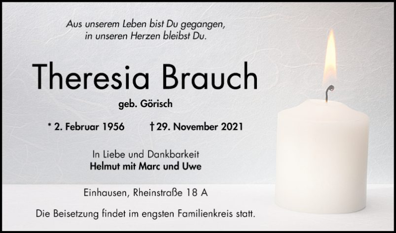  Traueranzeige für Theresia Brauch vom 04.12.2021 aus Bergsträßer Anzeiger