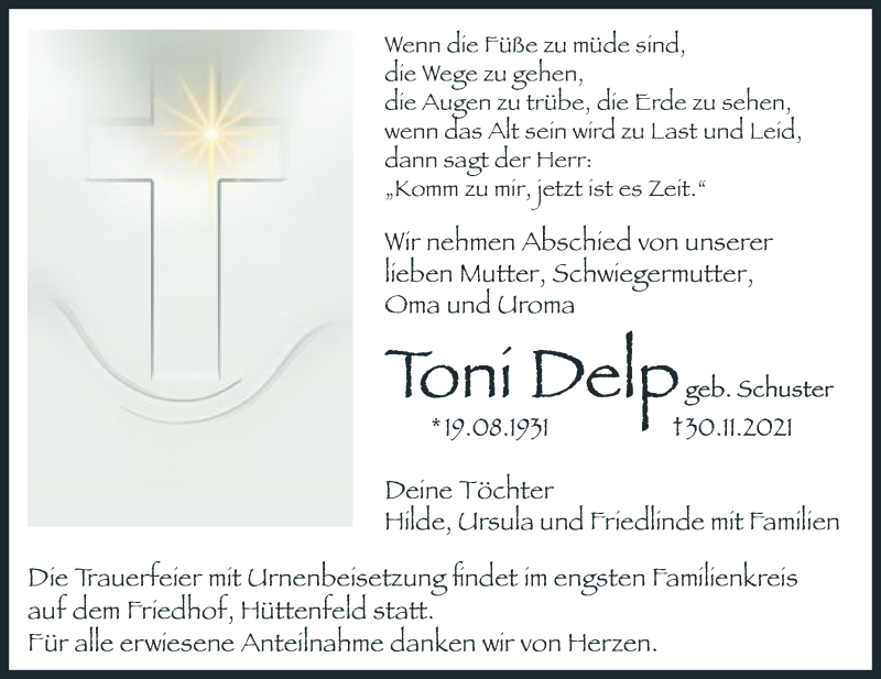  Traueranzeige für Toni Delp vom 08.12.2021 aus Südhessen Morgen