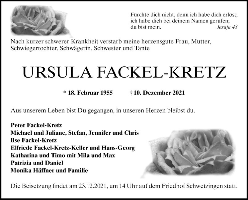  Traueranzeige für Ursula Fackel-Kretz vom 17.12.2021 aus Schwetzinger Zeitung