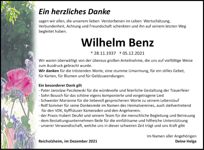  Traueranzeige für Wilhelm Benz vom 29.12.2021 aus Fränkische Nachrichten