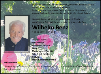 Traueranzeige von Wilhelm Benz von Fränkische Nachrichten