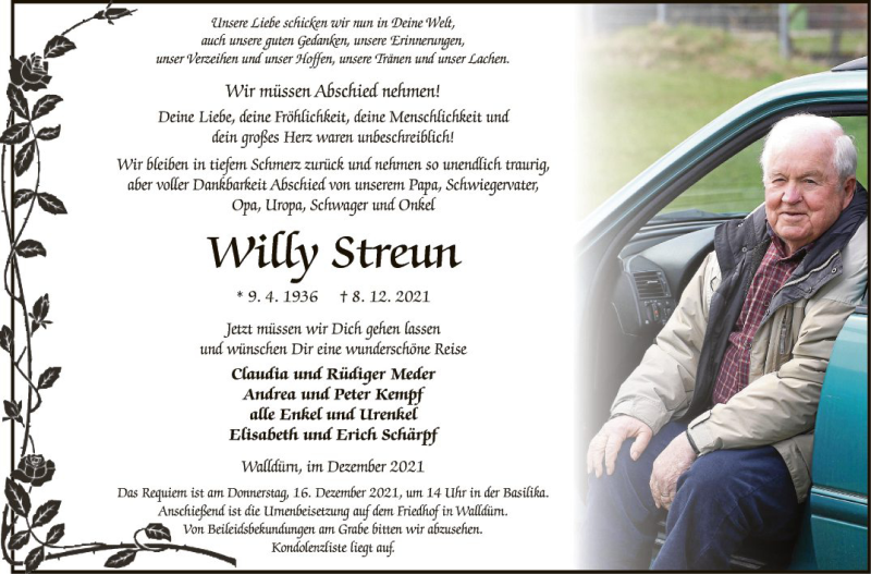  Traueranzeige für Willy Streun vom 11.12.2021 aus Fränkische Nachrichten