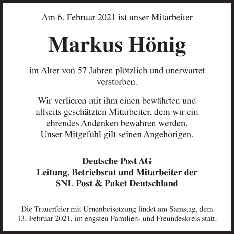  Traueranzeige für Markus Hönig vom 13.02.2021 aus 