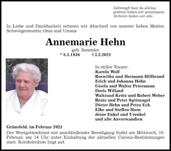 Traueranzeige von Annemarie Hehn von Fränkische Nachrichten