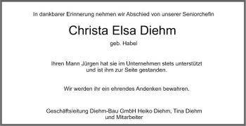 Traueranzeige von Christa Elsa Diehm von Fränkische Nachrichten