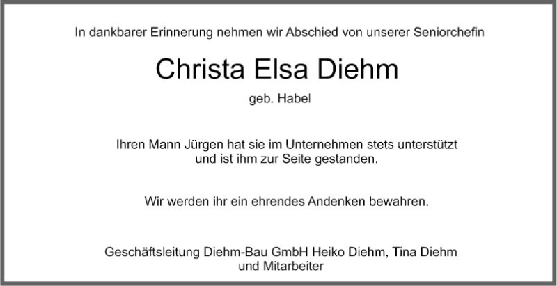 Traueranzeige für Christa Elsa Diehm vom 17.02.2021 aus Fränkische Nachrichten